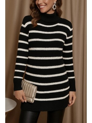 Stores36 Kadın Uzun Kollu Degaje Yaka Çizgili Sonya Iplik Mini Boy Triko Elbise (Kemersiz)