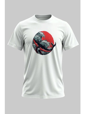 Buzagi Balina Dalgalar ve Japon Güneşi Regular Kalıp Dijital Baskılı Beyaz Tişört