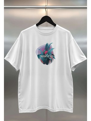 Buzagi Tropical Dijital Baskı Oversize Unisex Beyaz T-Shirt