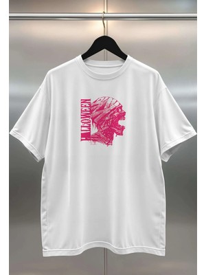 Buzagi Halloween Dijital Baskı Oversize Beyaz Unisex Tişört