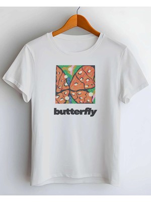 Buzagi Butterfly Dijital Baskı Regular Kalıp Beyaz Unisex Tişört