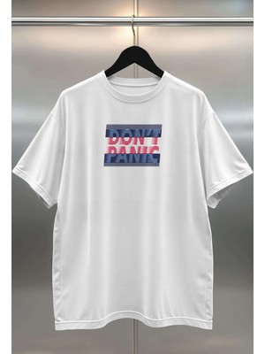 Buzagi Don't Panic Dijital Baskı Oversize Beyaz Unisex Tişört