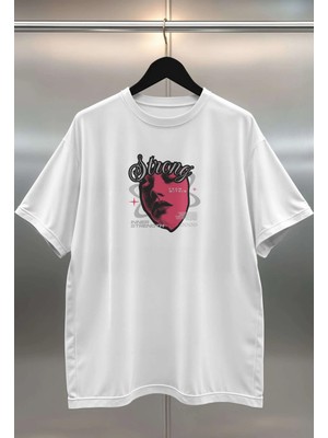 Buzagi Strong Dijital Baskı Oversize Beyaz Unisex Tişört