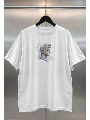 Buzagi Heykel Dijital Baskı Oversize Beyaz Unisex Tişört