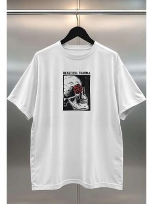 Buzagi Beautiful Trauma Dijital Baskı Oversize Beyaz Unisex Tişört