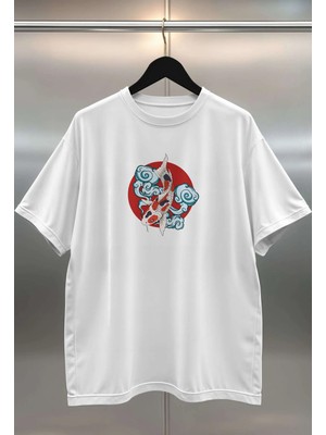 Buzagi Koi Dijital Baskı Oversize Beyaz Unisex Tişört