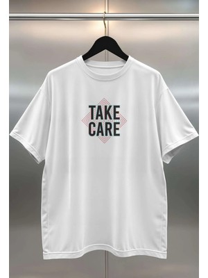 Buzagi Take Care Dijital Baskı Oversize Beyaz Unisex Tişört