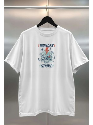 Buzagi Thunder Dijital Baskı Oversize Beyaz Unisex Tişört