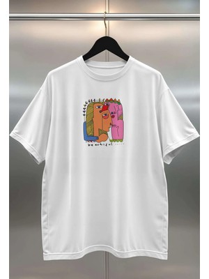 Buzagi Abstract Dijital Baskı Oversize Beyaz Unisex Tişört