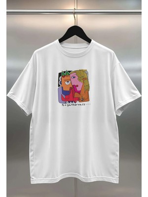 Buzagi Abstract Dijital Baskı Oversize Beyaz Unisex Tişört