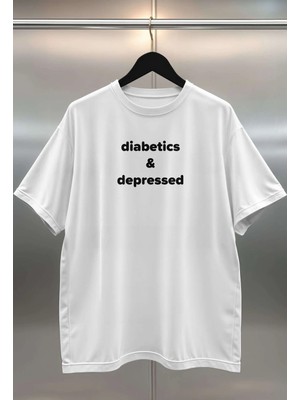 Buzagi Diabetics And Depressed Dijital Baskı Oversize Beyaz Unisex Tişört