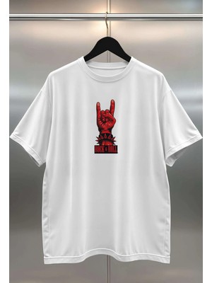 Buzagi Rock Dijital Baskı Oversize Beyaz Unisex Tişört