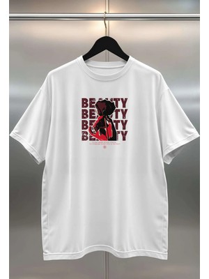 Buzagi Beauty Dijital Baskı Oversize Beyaz Unisex Tişört