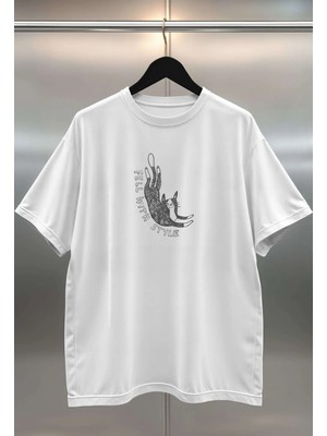 Buzagi Fell Kedi Dijital Baskı Oversize Beyaz Unisex Tişört