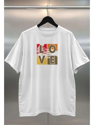 Buzagi Love Dijital Baskı Oversize Beyaz Unisex Tişört