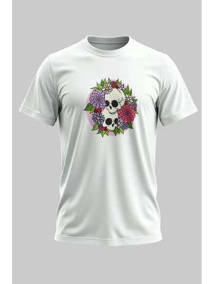 Buzagi Flower Skull Dijital Baskı Regular Kalıp Beyaz Unisex Tişört