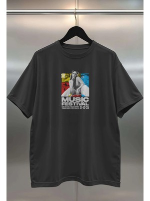 Buzagi Festival Dijital Baskı Siyah Beyaz Unisex Oversize Tişört