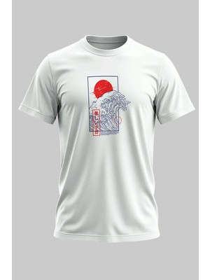 Buzagi Japan Wave Dijital Baskı Regular Kalıp Beyaz Unisex Tişört
