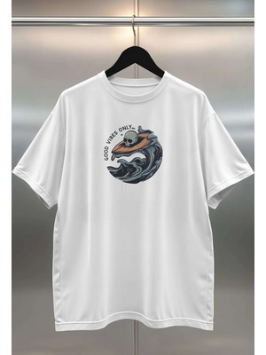 Buzagi Good Vibes Dijital Baskı Oversize Beyaz Unisex Tişört