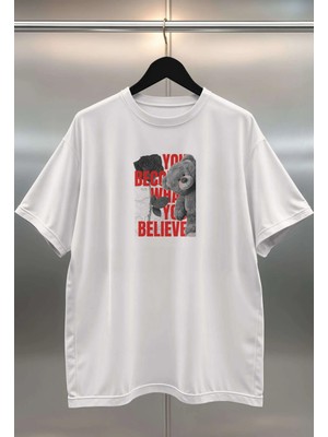 Buzagi Believe Dijital Baskı Oversize Beyaz Unisex Tişört