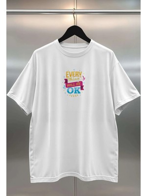 Buzagi Motivasyonel Renkli Oversize Dijital Baskılı Beyaz Tişört