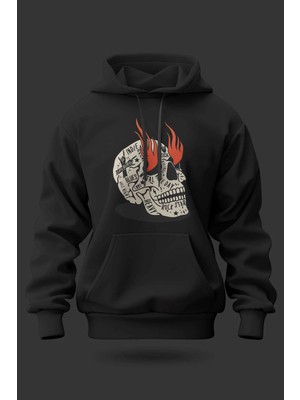 Buzagi Skull Fire Oversize Kapüşonlu Unisex Şardonlu Sweatshirt