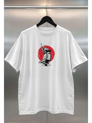 Buzagi Japon Samurai Oversize Dijital Baskılı Beyaz Tişört