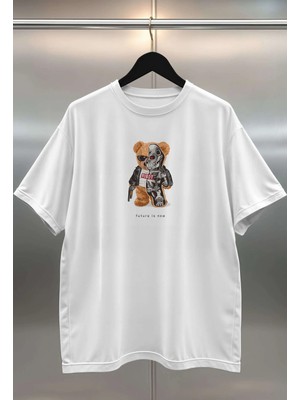 Buzagi Terminatör Sevimli Ayıcık Teddy Bear Oversize Dijital Baskılı Beyaz Tişört