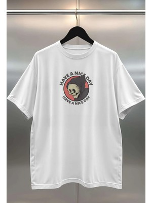 Buzagi Organik Pamuk Dijital Baskılı Oversize Beyaz Tişört