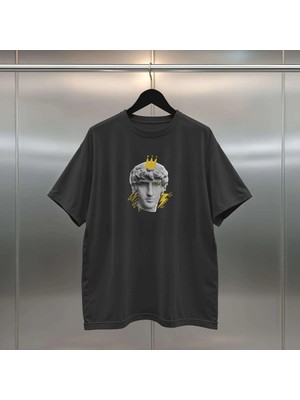 Buzagi Heykel Dijital Baskı Oversize Unisex Siyah Tişört