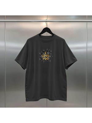 Buzagi I Love You Dijital Baskı Oversize Unisex Siyah T-Shirt