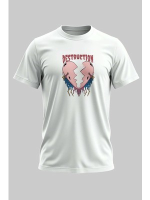 Buzagi Destruction Dijital Baskı Regular Kalıp Beyaz Unisex Tişört