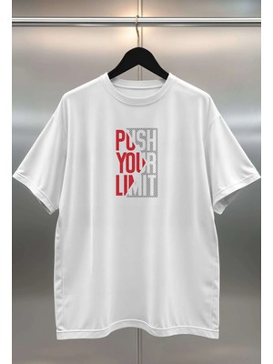 Buzagi Push Your Limit Dijital Baskı Oversize Unisex Beyaz T-Shirt