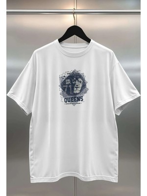 Buzagi Queens Dijital Baskı Oversize Unisex Beyaz T-Shirt