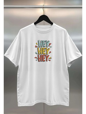 Buzagi Hey Hey Hey Dijital Baskı Oversize Unisex Beyaz T-Shirt