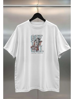Buzagi Off The Wall Dijital Baskı Oversize Unisex Beyaz T-Shirt
