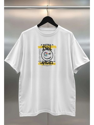 Buzagi Urban Dijital Baskı Oversize Beyaz Unisex Tişört