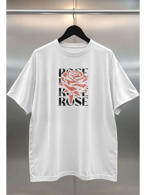 Buzagi Rose Dijital Baskı Oversize Beyaz Unisex Tişört