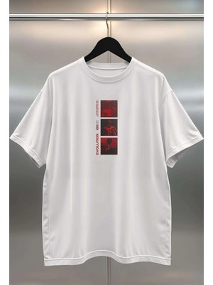 Buzagi Evolution Dijital Baskı Oversize Beyaz Unisex Tişört