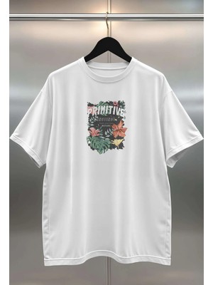 Buzagi Primitive Dijital Baskı Oversize Unisex Beyaz T-Shirt