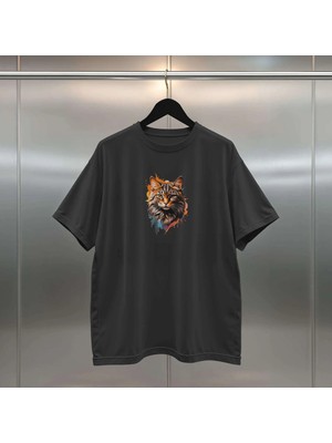 Buzagi Kedi Dijital Baskı Oversize Unisex Siyah T-Shirt