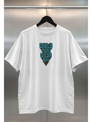 Buzagi Başını Dik Tut Oversize Dijital Baskılı Beyaz Tişört