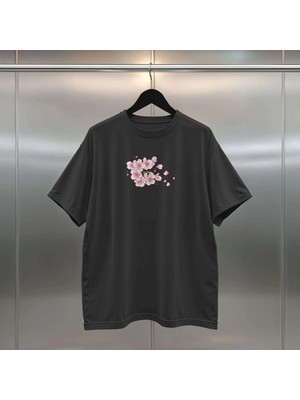 Buzagi Sakura Dijital Baskı Oversize Unisex Siyah T-Shirt