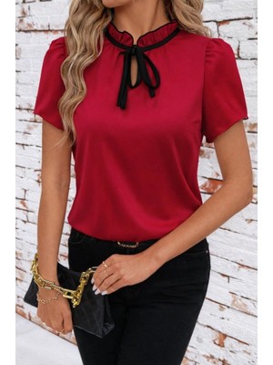 Stores36 Kadın Kısa Kollu Yakası Fırfırlı Bağcıklı Janjan Krep Bluz