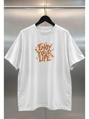 Buzagi Enjoy Your Life Dijital Baskı Oversize Unisex Beyaz T-Shirt