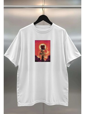 Buzagi Rose Dijital Baskı Oversize Beyaz Unisex Tişört