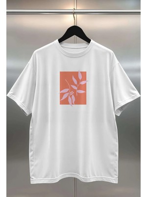 Buzagi Soyut Yapraklar Oversize Dijital Baskılı Beyaz Tişört