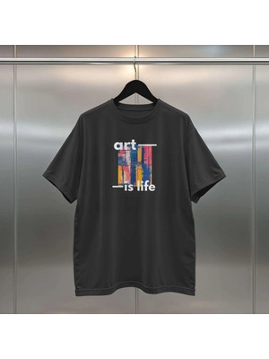 Buzagi Art Is Life Dijital Baskı Siyah Beyaz Unisex Oversize Tişört