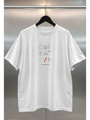 Buzagi Creative Dijital Baskı Oversize Unisex Beyaz T-Shirt