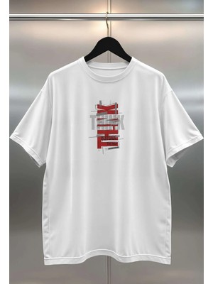 Buzagi Think Outside The Box Dijital Baskı Oversize Unisex Beyaz T-Shirt